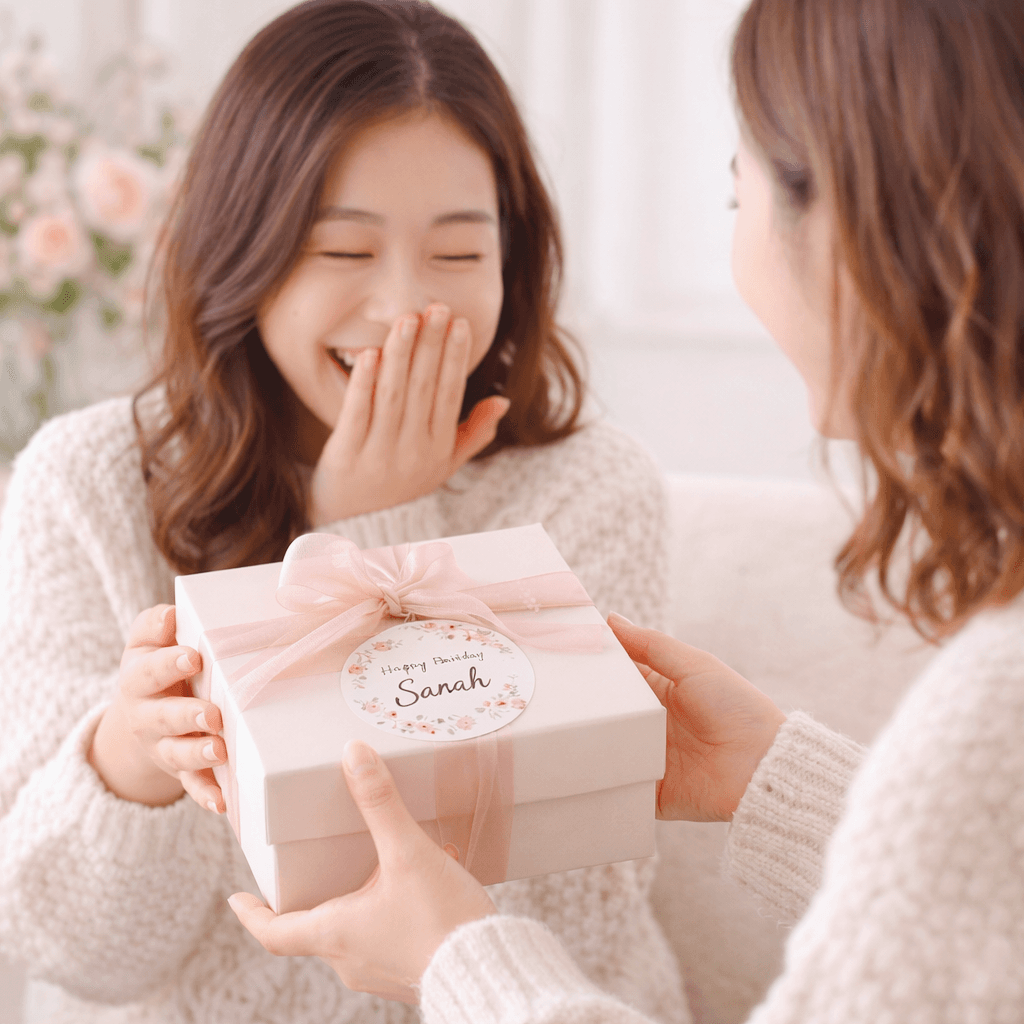 A woman joyfully receiving a personalised gift from Rivet Crafts Singapore