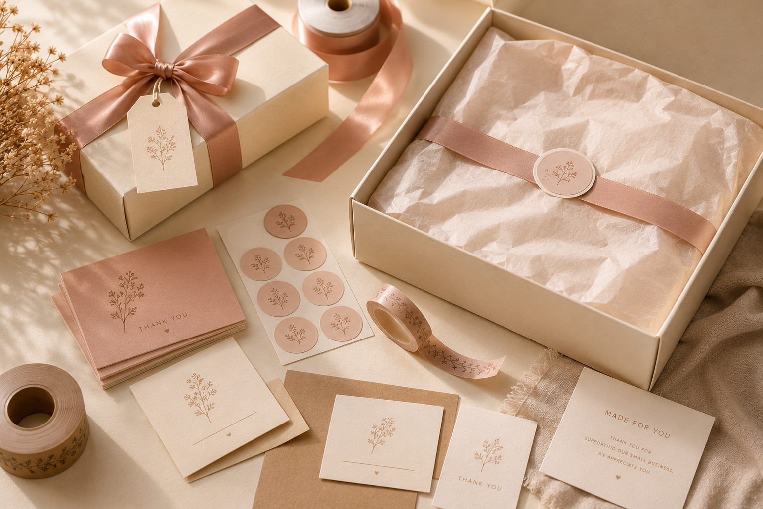 Branded gift packaging with ribbon, tissue paper and thank-you card