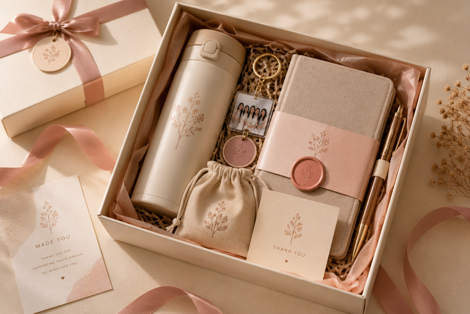 Corporate welcome gift set with personalised keepsake and packaging