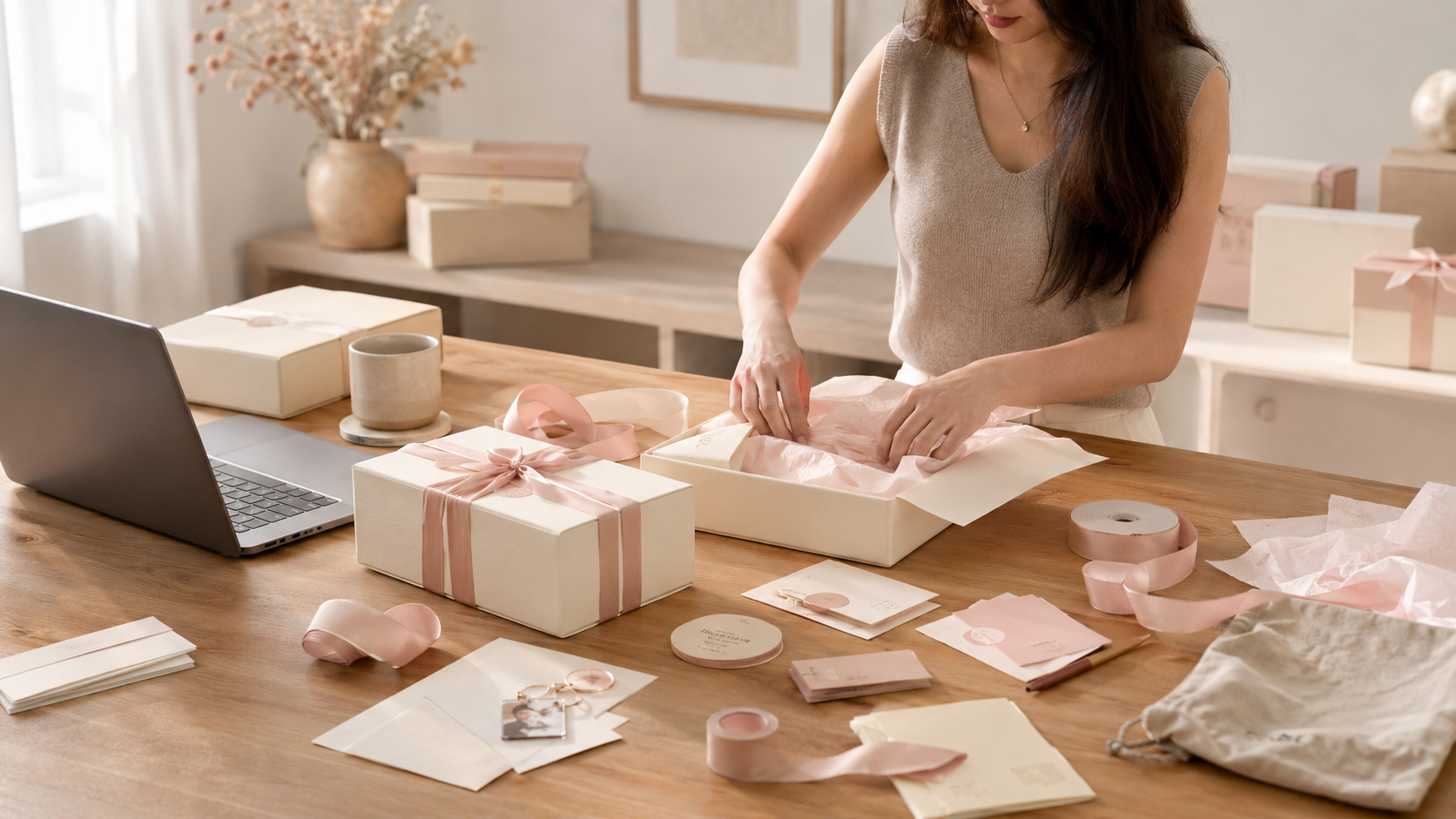 Corporate gifting and branded essentials arranged on a warm studio table by Rivet Crafts